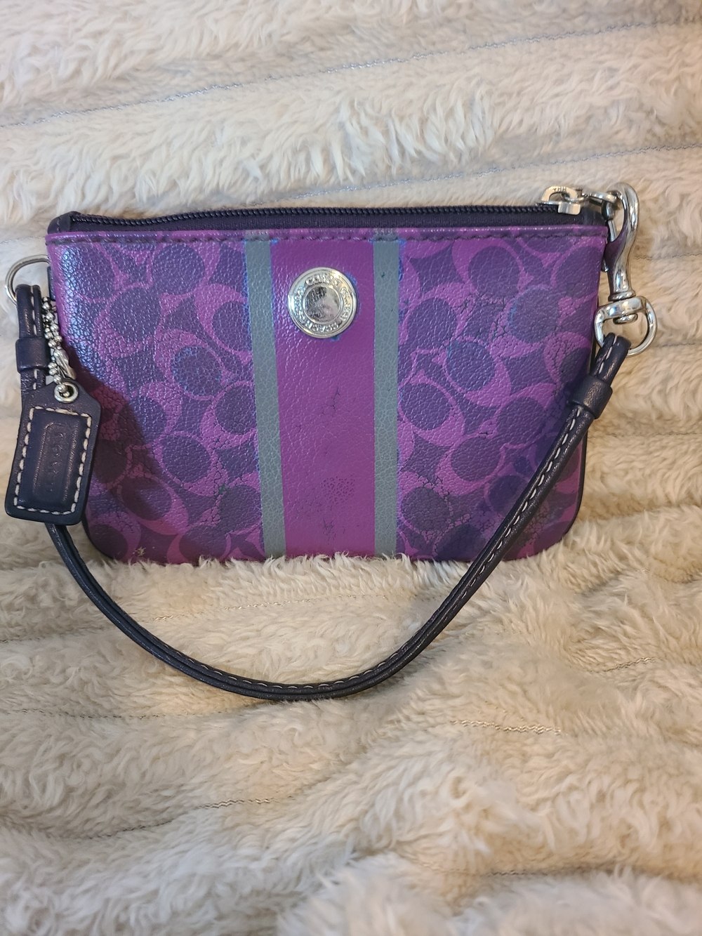 Coach Purple Signature Heritage Stripe Wristlet with Gray Accents